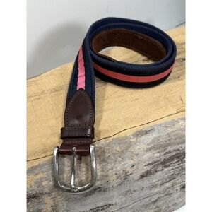 The Belted Cow Co Belt Mens 34 Blue Pink Strip  Leather Solid Brass Buckle Maine
